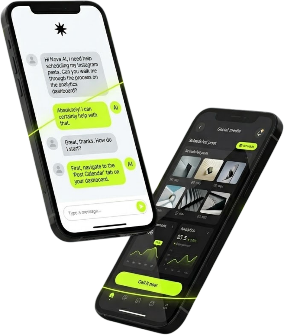 Nova AI app showing a chatbot conversation and social media dashboard